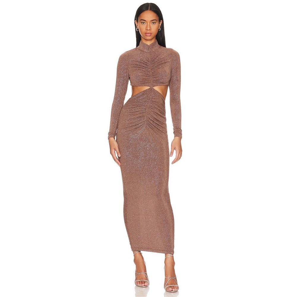NWT Sau Lee Francis Cut Out Waist Ruched Dress in Taupe
